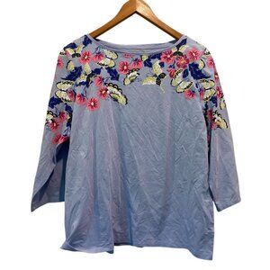 Talbots Women's Tee Top Blue Sz XLP Butterfly Floral 3/4 Sleeves Pullover